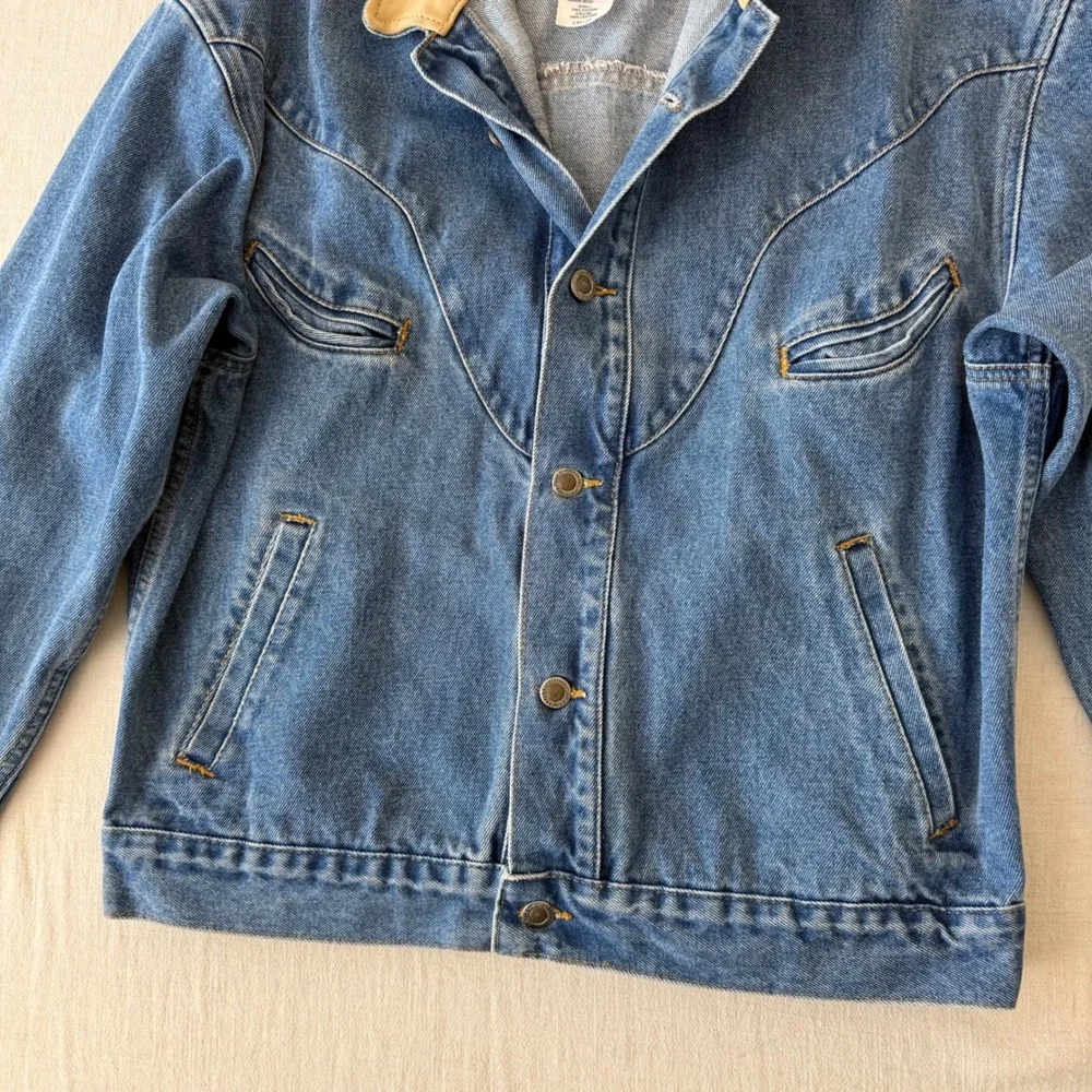 Vintage Schaefer Outfitter Denim Jacket M Leather Collar Western USA Ranch